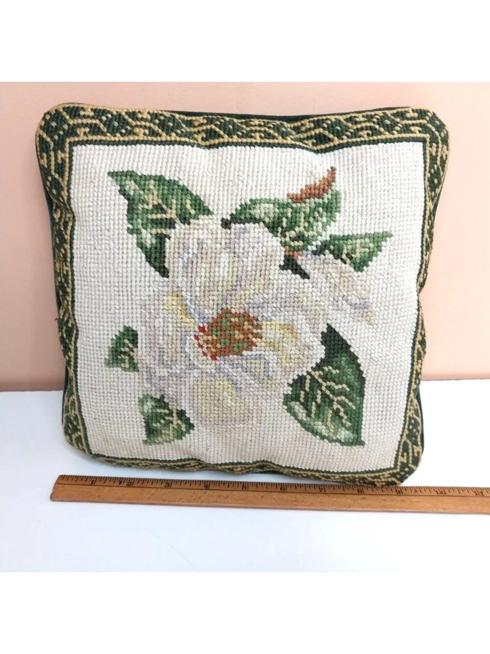 Vintage Needlepoint Floral Throw Pillow Velvet Back Mid Century 9
